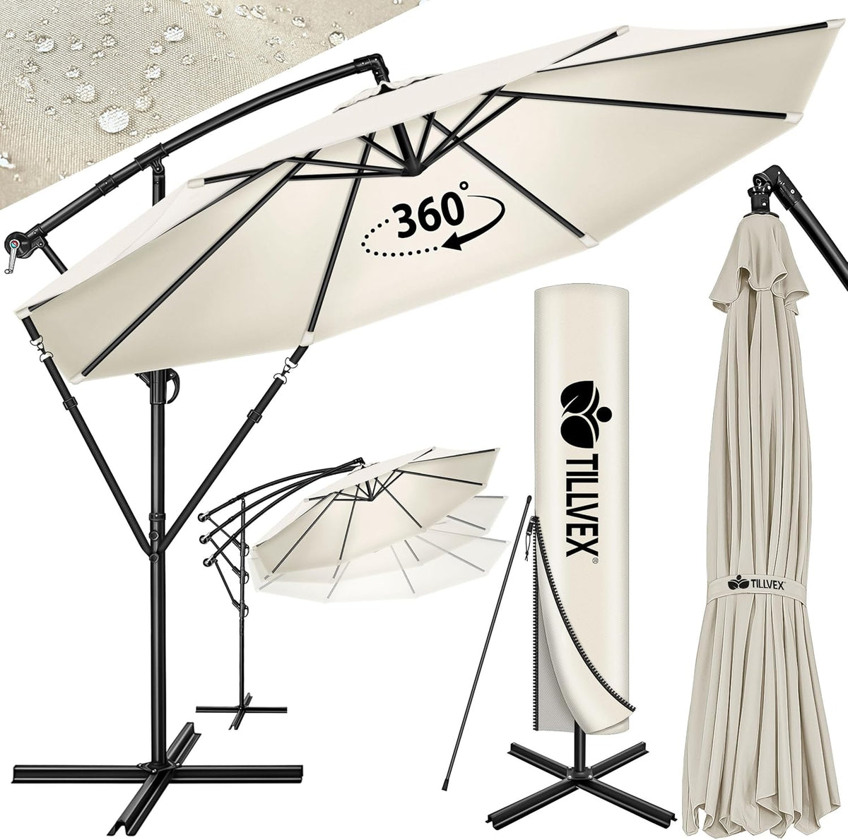 Tillvex® Parasol - Zweefparasol - Ø300cm - 360° Draaibaar - Beige