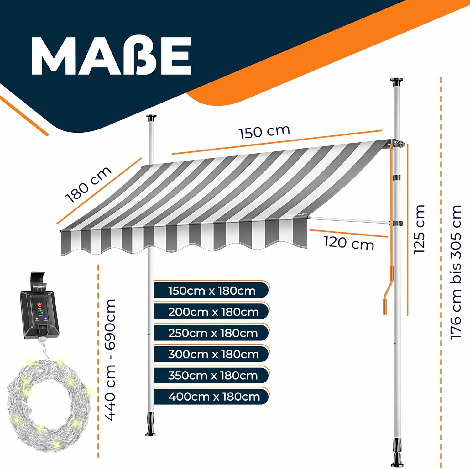 KESSER® Klemluifel met handslinger en led-lichtsnoer, balkonluifel zonder boren, luifel uv-bestendig, in hoogte verstelbaar en waterafstotend, zonwering voor balkon, terras en tuin, 250 cm
