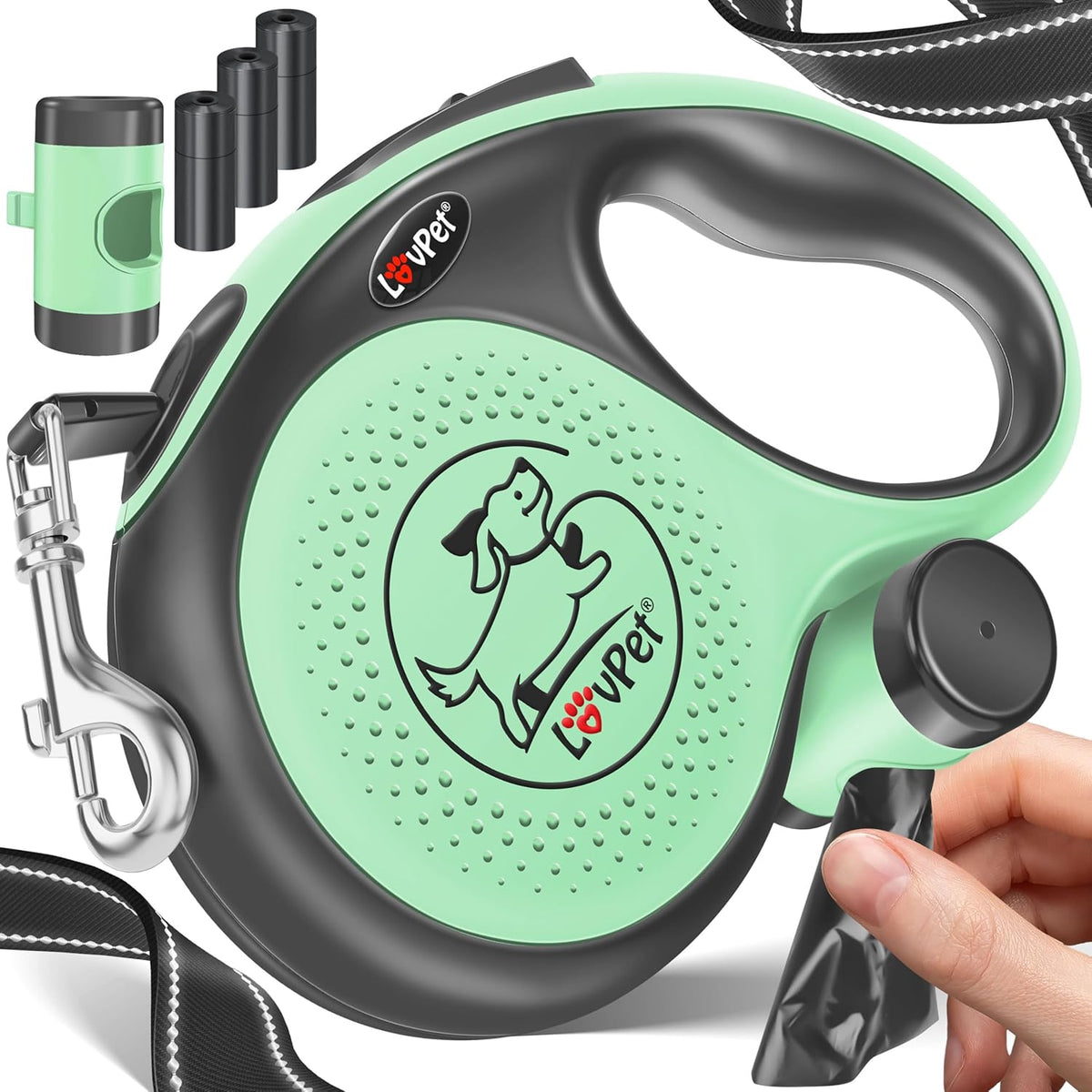 LOVPET Hondenrollijn, 5 m, hondenriem voor kleine en grote honden, 50 kg, uittrekbare lijn, ergonomische en antislip handgreep, jogginglijn, 360 graden lijnverlenging, looplijn, reflecterende mazen