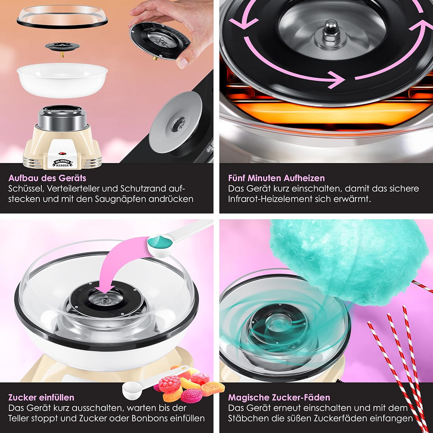 KESSER® Suikerspinmachine set voor je huis, met 30 x suikerspinstaafjes en maatlepels, retro katoenen snoepmachine, suikerspinmachine met accessoires, hoogte 22 cm, 500 W, crèmewit