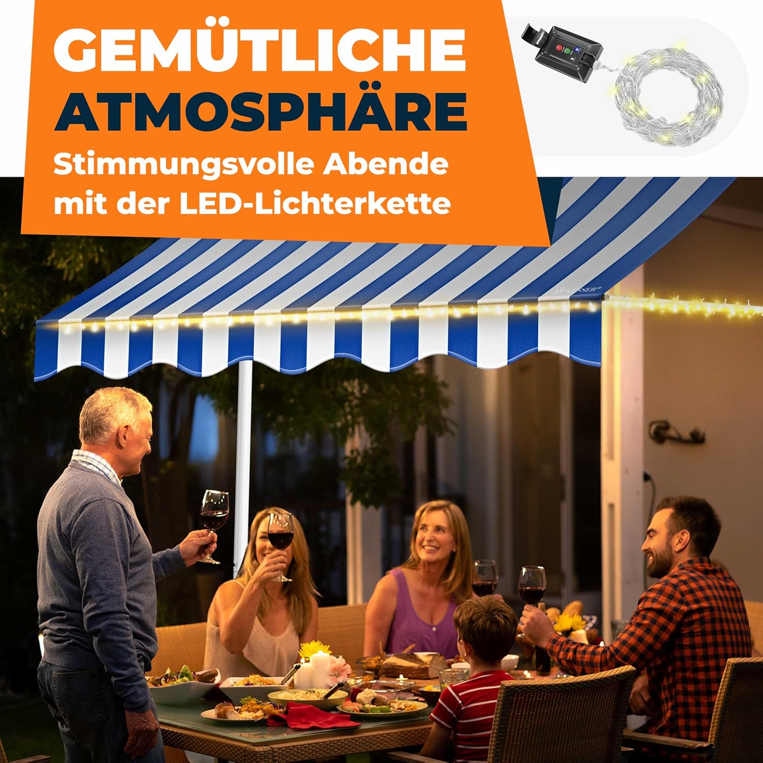 KESSER® Klemluifel met handslinger en led-lichtsnoer, balkonluifel zonder boren, luifel uv-bestendig, in hoogte verstelbaar en waterafstotend, zonwering voor balkon, terras en tuin, 200 cm