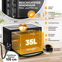 Stillstern CYCLONE PRO+ Mini-oven met convectie 35L, Pizza Ø28, CYCLONE PRO+ anti-aanbaklaag, ontdooien, 2-uurs timer, camping mini oven hete lucht pizzaoven mini-oven kleine kippengrill