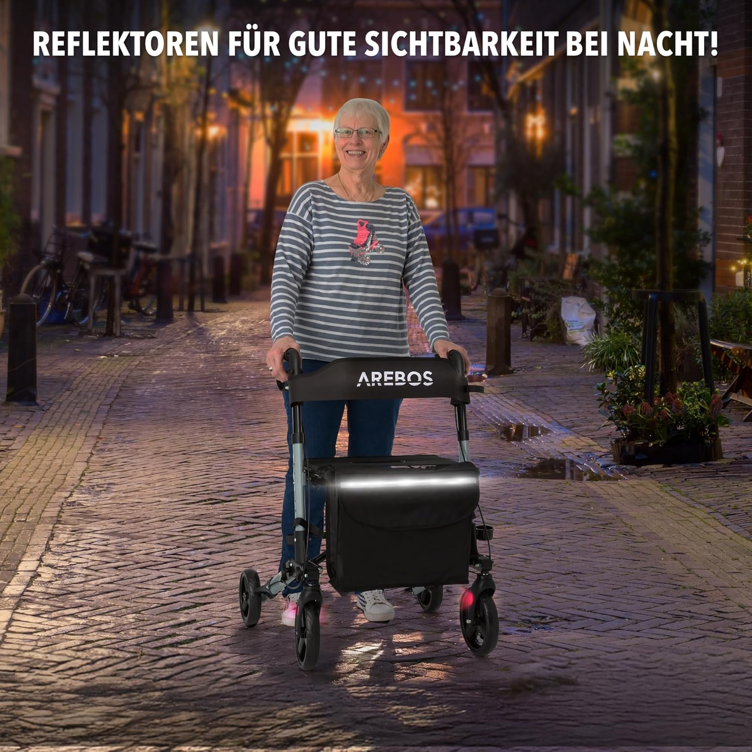 Arebos Lichtgewicht rollator van aluminium, 6-voudig in hoogte verstelbaar, opvouwbaar, incl. stokhouder en afneembare boodschappentas, loophulp met vastzetfunctie, zwart