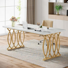 Tribesigns Bureau, computertafel, 160 x 80 x 75 cm, moderne pc-tafel, werktafel, eettafel met goudkleurige poten, voor thuiskantoor, thuis, bureau, vergadertafel, wit en goud