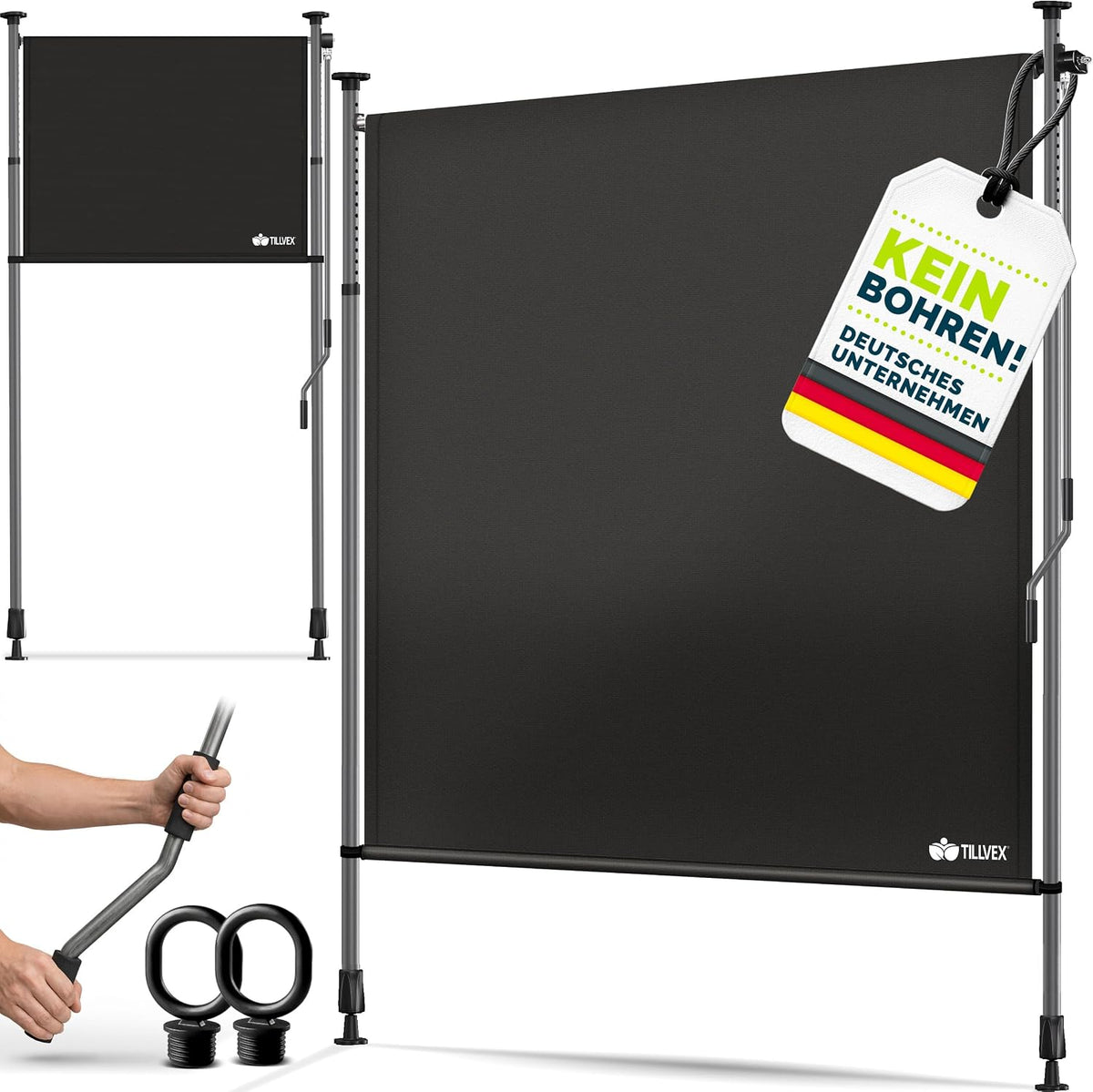 tillvex Klemluifel, verticale luifel met handslinger, zonder boren, inkijkbescherming, uittrekbaar en ondoorzichtig, verticale zonwering, terras, tuin, inkijkbescherming, weerbestendig, zwart, 200X310cm