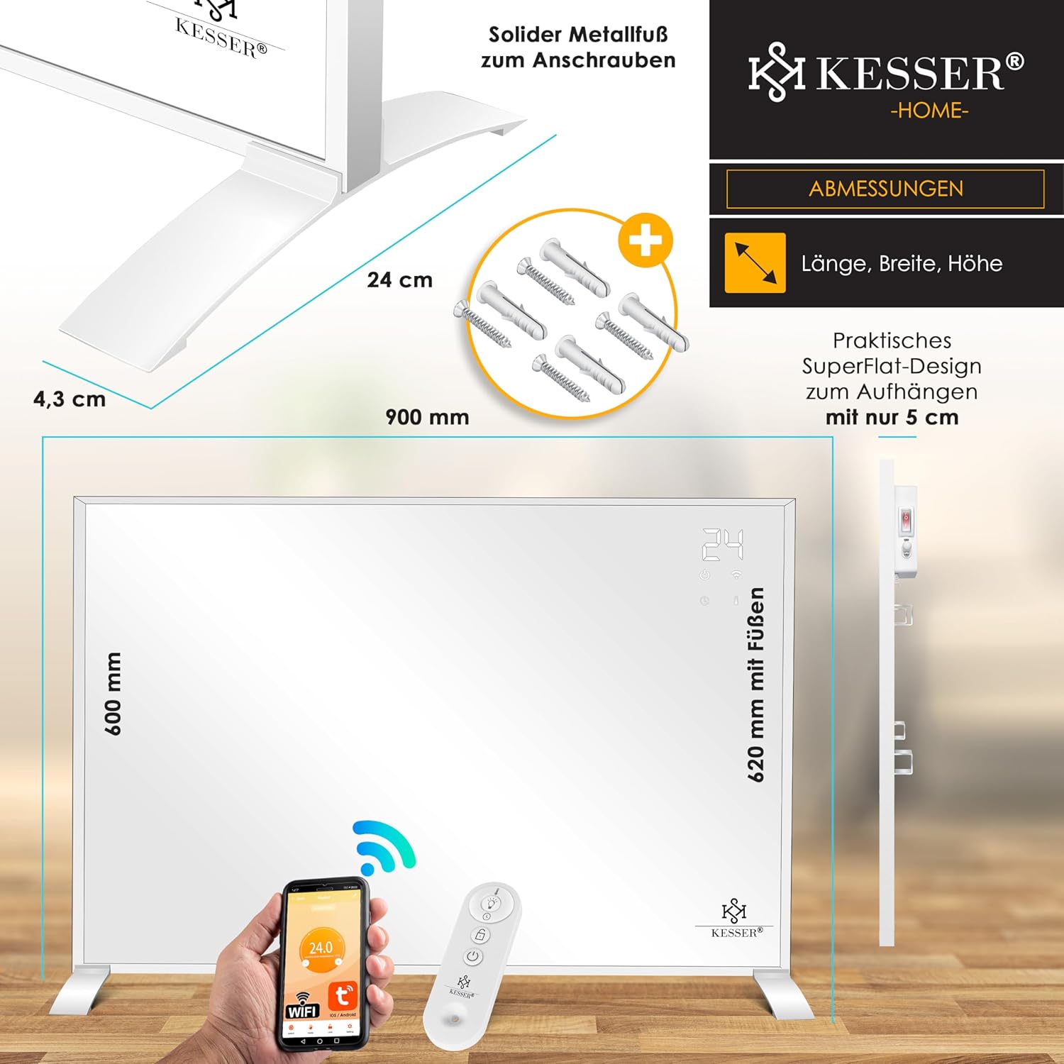 KESSER® Infraroodverwarming, energiebesparend, infrarood staand apparaat en wandmontage, elektrische verwarming, 540 W, met afstandsbediening, thermostaat en app-bediening, elektrisch