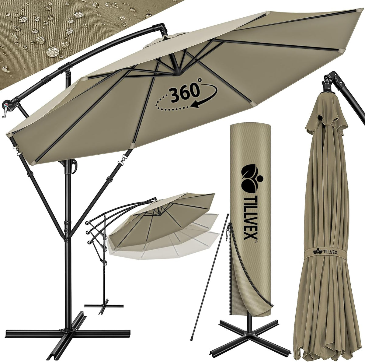 Tillvex® Parasol - Zweefparasol - Ø300cm - 360° Draaibaar - Bruin