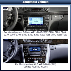 CAMECHO Android 15 autoradio met navigatiesysteem voor Mercedes Benz E-klasse W211 CLS klasse W219, dubbele DIN-radio met 7 inch touchscreen, spiegellink RDS/FM Bluetooth EQ+AHD achteruitrijcamera •