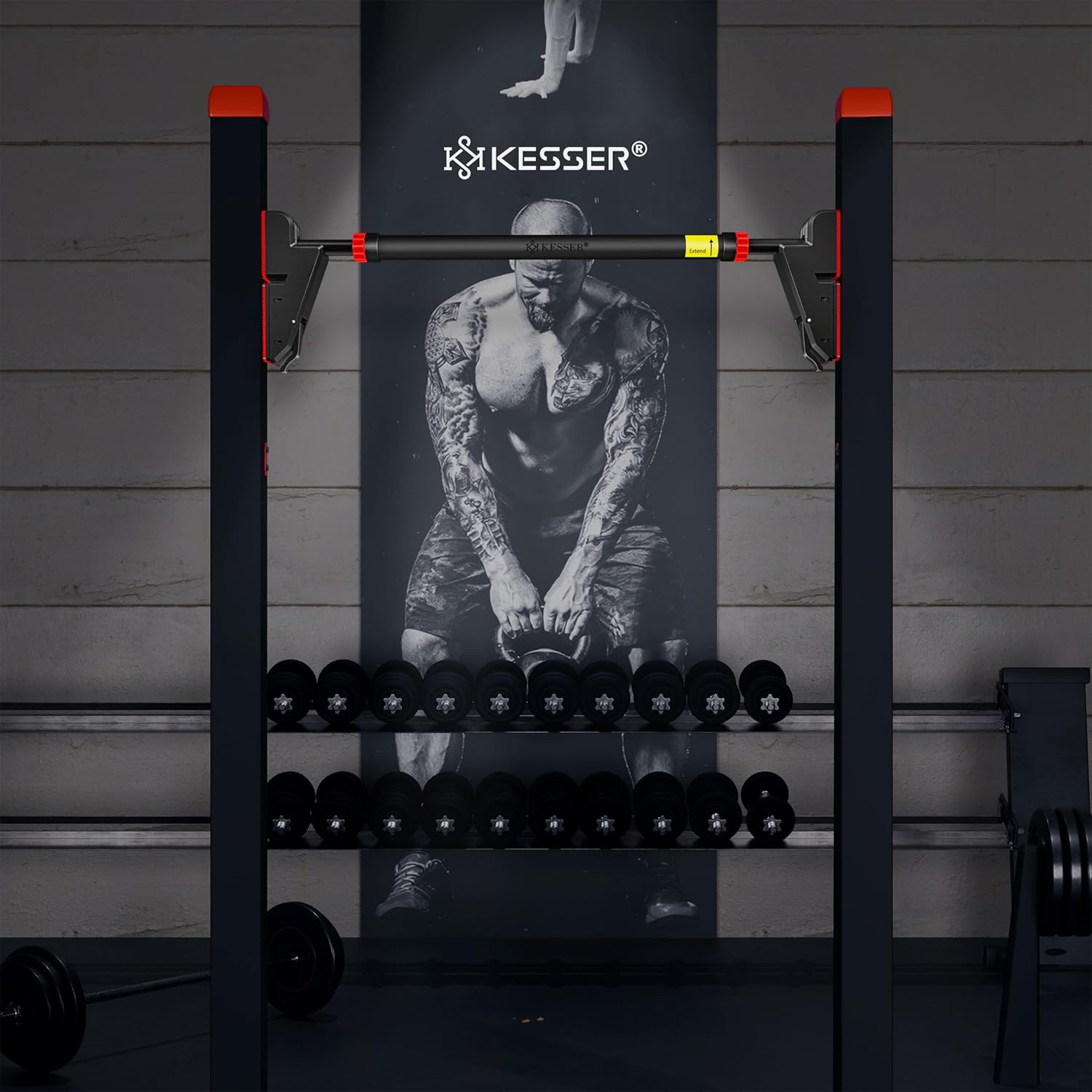 KESSER® Optrekstang, deurkozijn, verstelbaar, pull-up bar, thuistrainer, rekstang zonder schroeven/boren, 76-112 cm uittrekbaar, draagvermogen tot 300 kg & antislip handgrepen, incl. weerstandsbanden