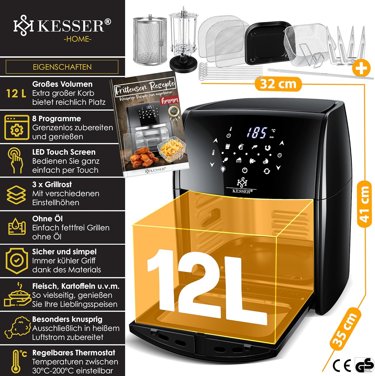 KESSER® XXL Airfryer - 9-in-1 - Heteluchtfriteuse - 1800W - Zwart •