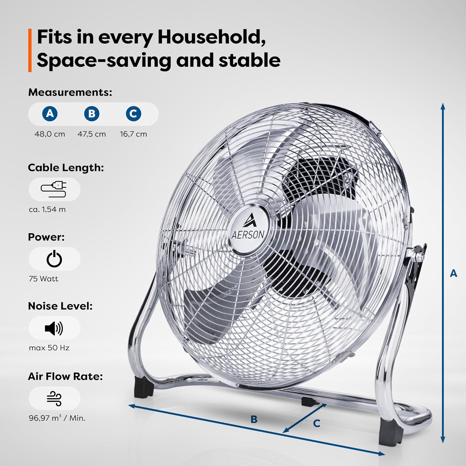 Aerson Vloerventilator - 40cm - 3 standen - 55W - Zilver
