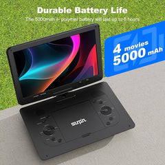 SUNPIN Draagbare dvd-speler met 14,1 inch HD-beeldscherm, dvd-speler, auto, kinderen, knoopdesign, met 6 uur ingebouwde accu, dvd-speler, draagbaar, voor sync tv, videospeler, USB/SD-kaart/sync-tv