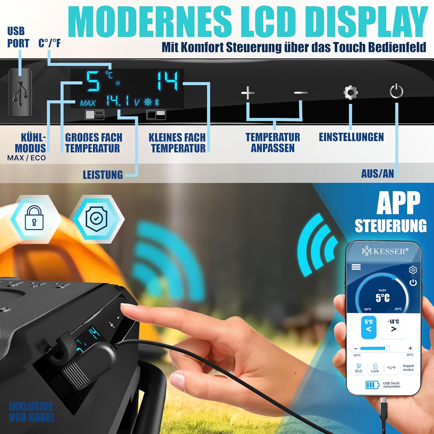 KESSER® Compressorkoelbox, elektrisch, 51 liter, campingvriesbox met led-touch, met app-besturing en koelaccu, USB-aansluiting, 12/24 V, 230 V, koelkastkoeling tot -20 °C