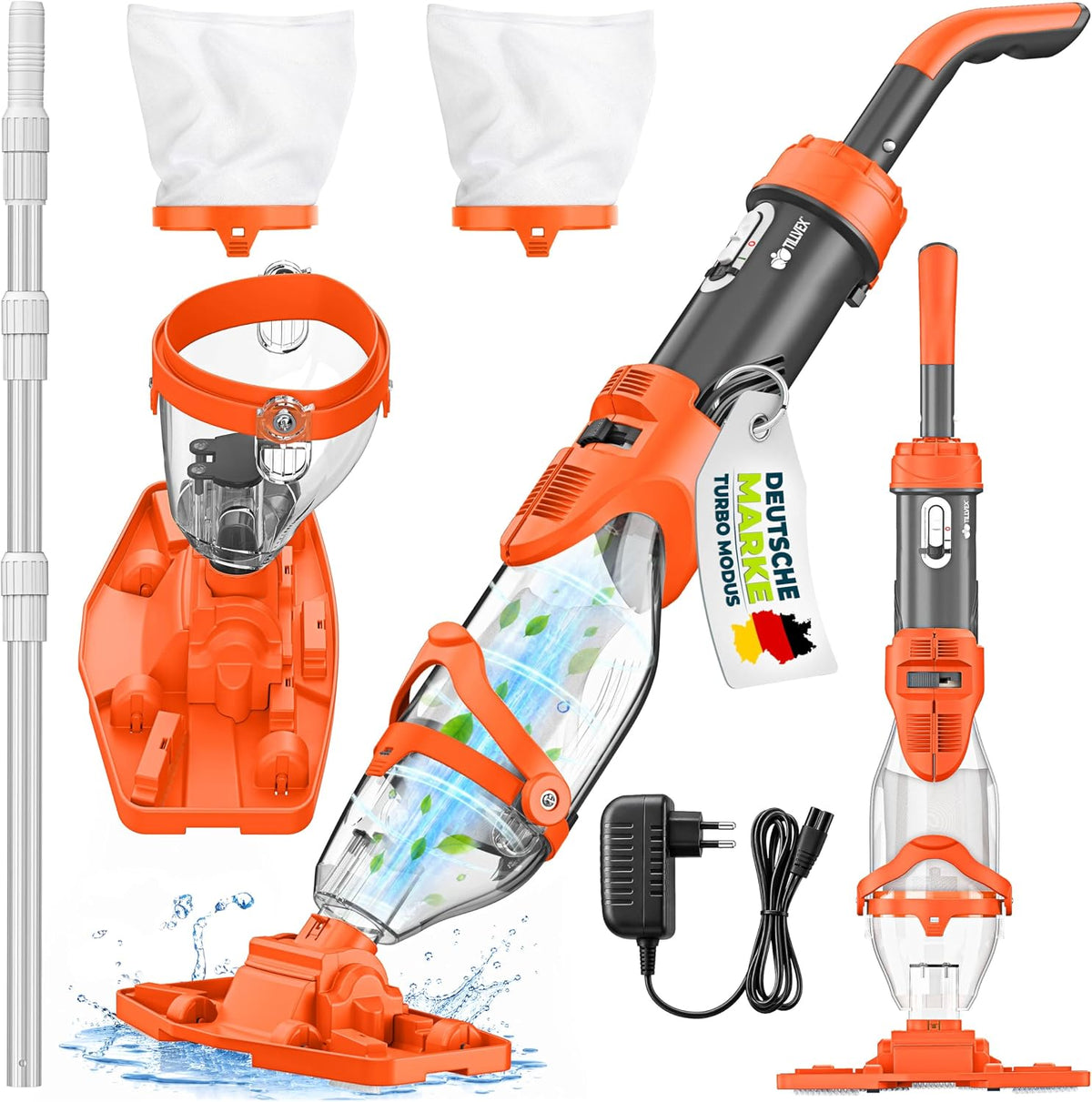tillvex Zwembadzuiger met accu en telescoopstang tot 15 m³, elektrische zwembadreiniger met 2 filters, 60 minuten looptijd en turbomodus, handstofzuiger, reinigingsset, draadloos (oranje/antraciet) •