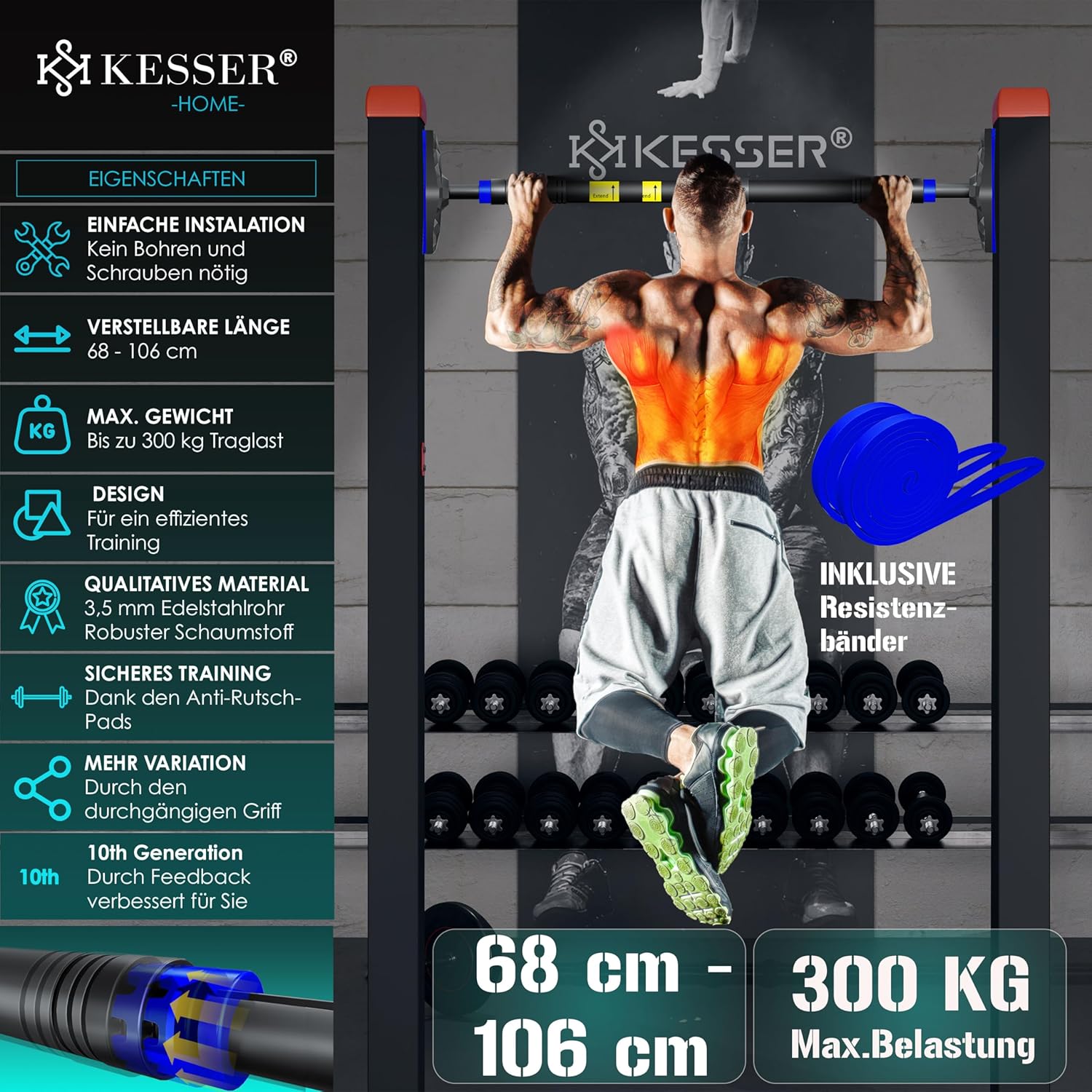 KESSER® Optrekstang - Pull-up bar - Zonder schroeven - 68-106 cm - Groen