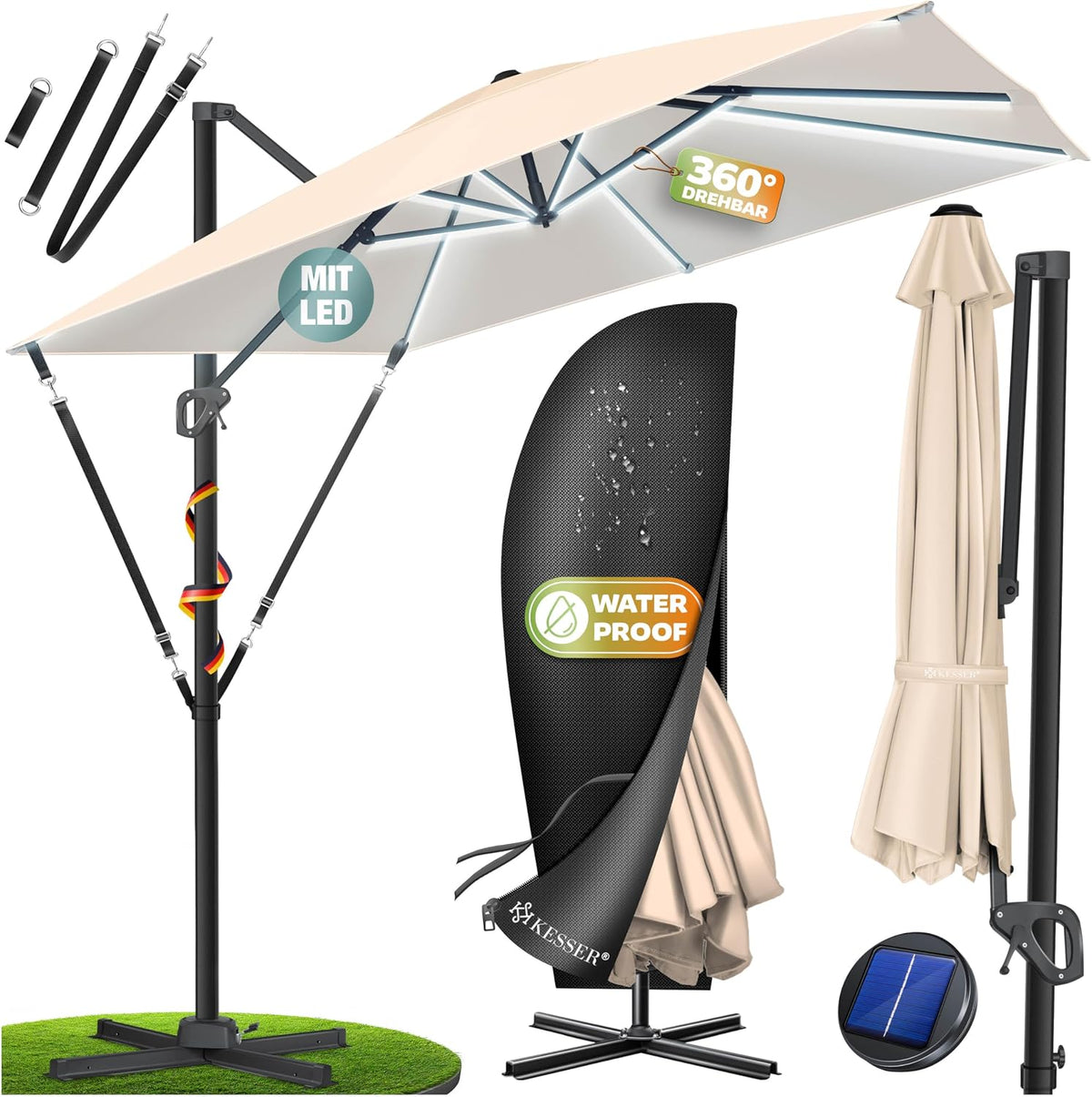 KESSER® Parasol zweefparasol SUN XL 300 x 300 cm incl. afdekking + windscherm draaibaar kantelbaar kantelbaar marktscherm groot 360° rotatie, tuinscherm met zwengel zonwering UV50+, beige