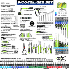 MASKO Gereedschapskoffer, 1400-delig, gevuld, gereedschapsset in aluminium koffer, gereedschapskist met wieltjes, gereedschapskist, huishouden, hobby, auto, trolleyfunctie, professionele