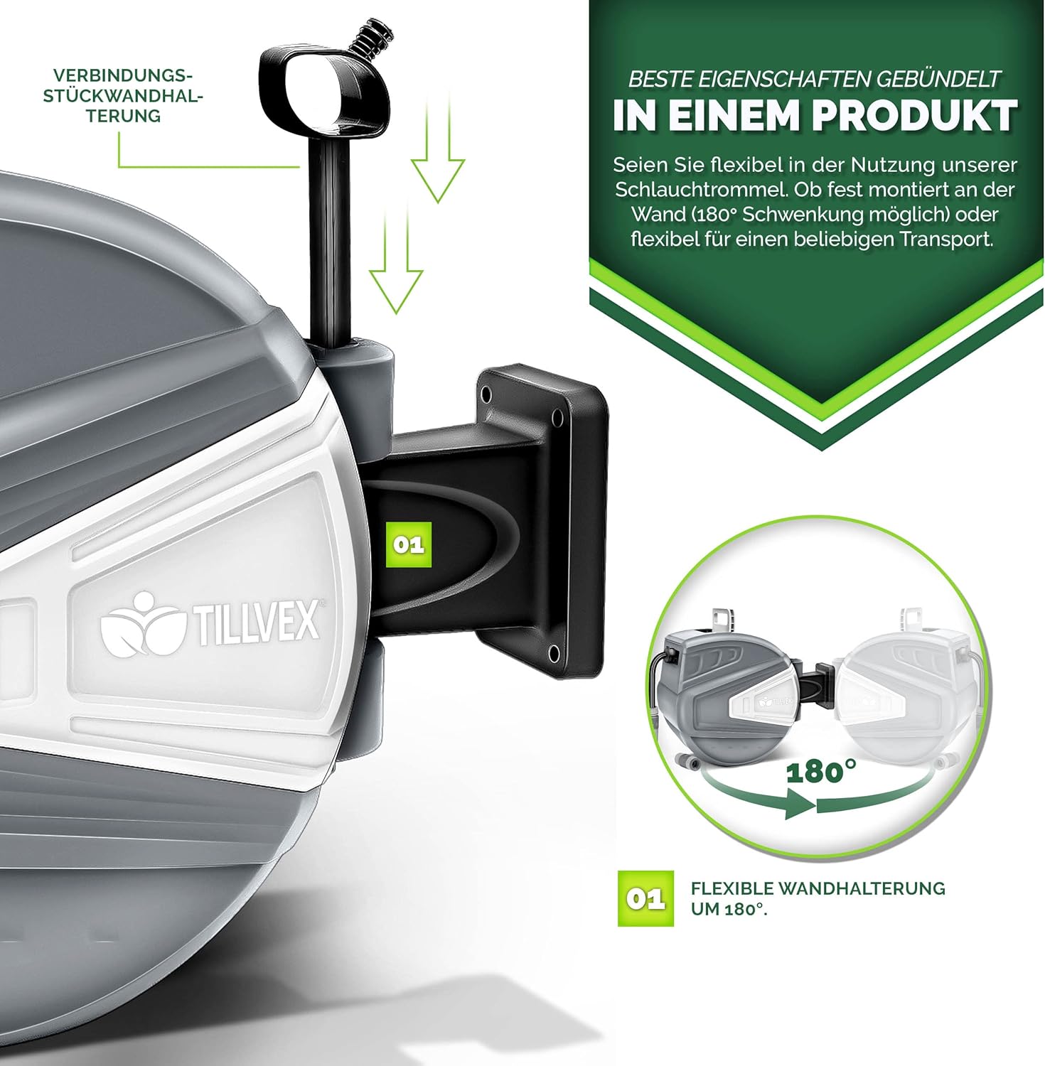 tillvex Slanghaspel water 30 + 2 m met wandhouder + draaggreep | slanghaspel met handdouche en tuinslang | 180° draaibaar | wandslanghaspel met automatisch oprolmechanisme | grijs •