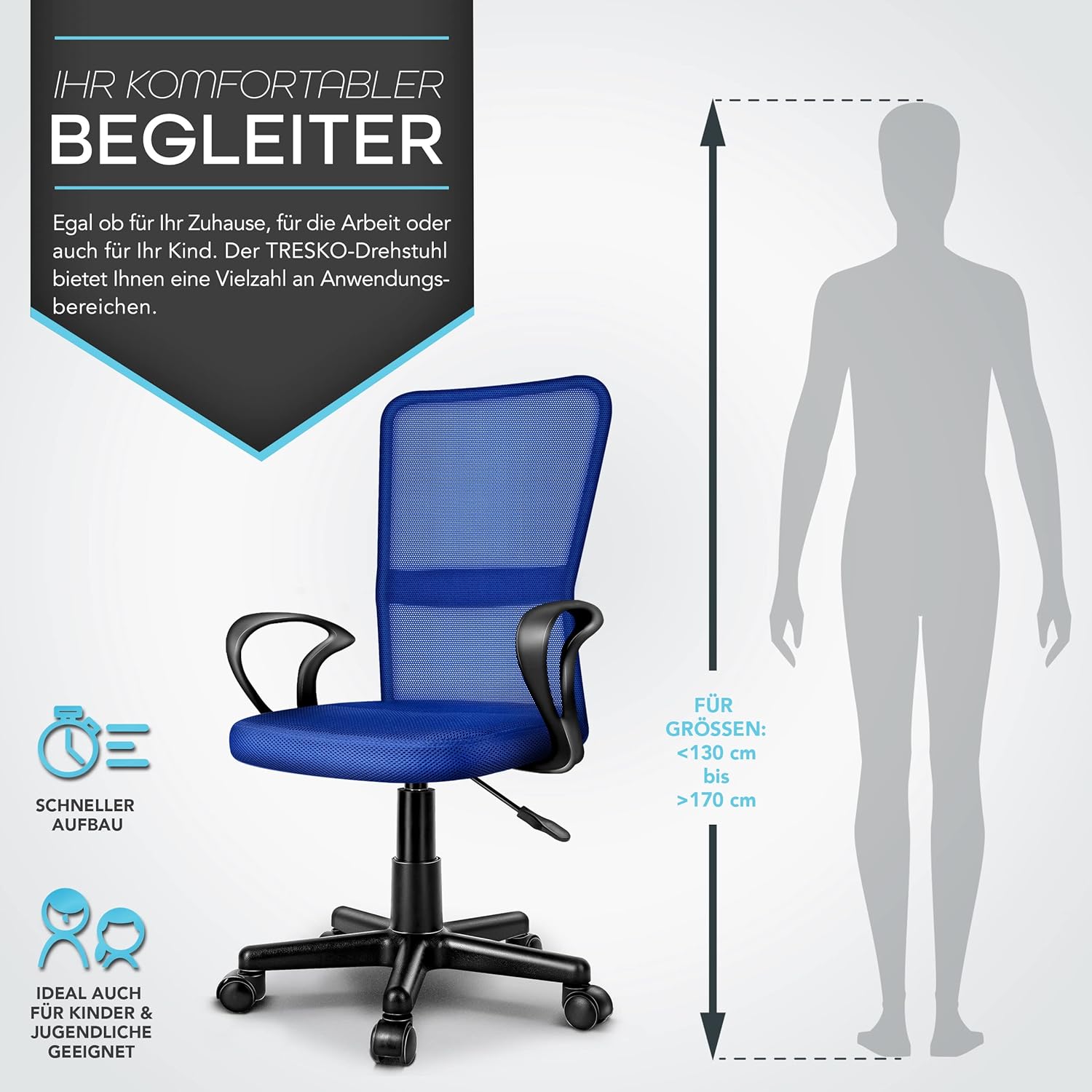 TRESKO Ergonomische Bureaustoel - Verstelbaar - Blauw