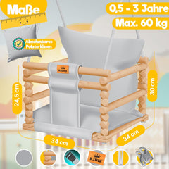 KIDIZ® Babyschommel, kinderschommel, schommelzitje met bekleding, houten schommel met anti-kantelfunctie, tot 60 kg, in hoogte verstelbaar, binnen en buiten, 0,5-3 jaar, montageaccessoires en