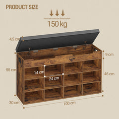 Hzuaneri Schoenenbank, schoenenrek met zitvlak, zitbank met opbergruimte, 12 vakken, uitneembare planken, geschikt voor woonkamer, hal, ingang, 30 x 100 x 55 cm, vintage bruin SB53501GY