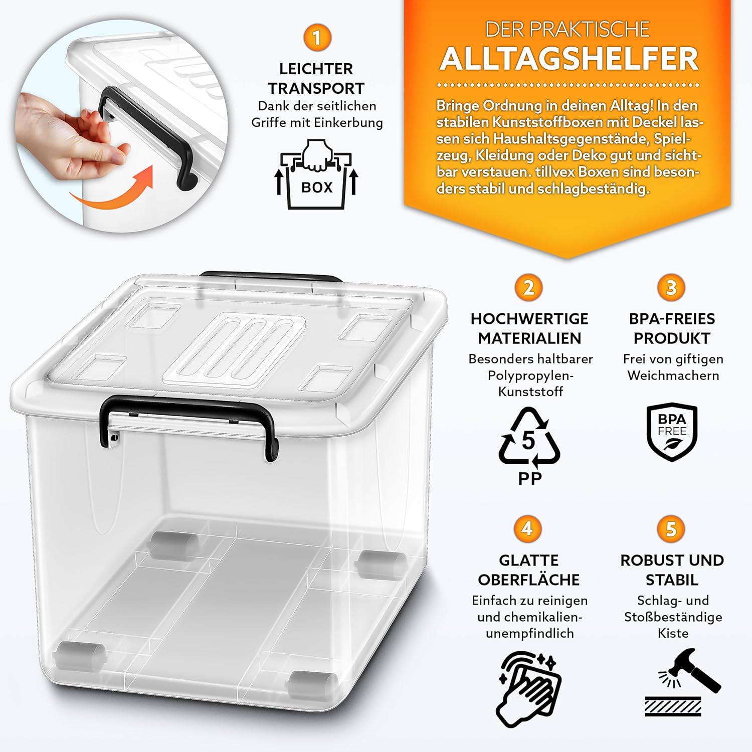 tillvex Opbergdozen met deksel, geschikt voor levensmiddelen, kunststof boxen, stapelbaar, opbergsysteem, grote opbergdoos, kledingdozen, 100% nieuw materiaal (set van 4, 27 liter)