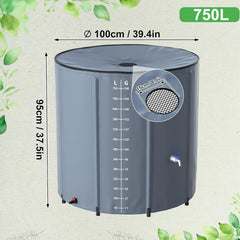 Opvouwbare regenton met schaalverdeling, 750L regenton van mat PVC zeildoek, draagbare watertank met afvoer, vat met deksel, ijsbadvat, IBC-tank regenton accessoires voor de tuin, grijs