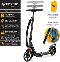 KESSER® Pro-S Cityroller Scooter 205 mm wielen PU Big Wheel - step met dubbele vering, inklapbaar en in hoogte verstelbaar, step voor volwassenen en kinderen