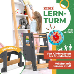 KIDIZ® Leertoren voor kinderen vanaf 1 jaar, incl. leerklok | 3-traps in hoogte verstelbare opstapkruk van grenenhout | speelse motorische vaardigheden bevorderen Montessori leertoren tot 50 kg