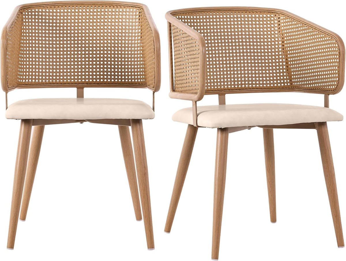 Eetkamerstoelen met rotan rugleuning, zitkussen van PU-leer, moderne en eenvoudige stijl, comfortabel en ademend, geschikt voor restaurants, woonkamer en cafés (2)
