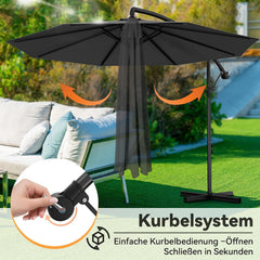 Froadp Ø3 m aluminium zweefparasol met draaimechanisme, UV-bescherming 40+, terrasparasol, strandparasol, tuinparasol met standaard, donkergrijs, marktparasol voor tuin, balkon, terras