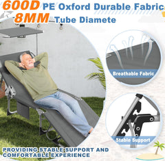 AufuN Zonneligstoel, inklapbaar met dak en zijvak, 195 x 68 cm, weerbestendige ligstoel, stabiele strandstoel, zonwering en verstelbare rugleuning, tot 150 kg, ideaal voor terras, camping, antraciet