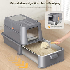 HEGGCOOE Kattenbak van roestvrij staal met deksel, XL, grote kattenbak met lade, gesloten kattenbak met instap voor en bovenaan, schep, filterpedaal, reiniging en geurcontrole, donkergrijs
