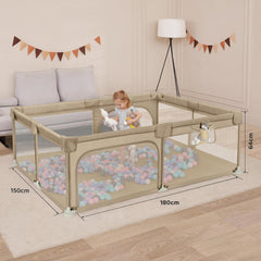 Dripex Babybox voor baby's, 150 x 180 cm, box met ademend net, box 210D Oxford-weefsel, playpen, kinderbox, grote veiligheidsspeelplaats, bruin