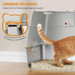 FOBYFURNY FPLB203SG1 Roestvrijstalen kattenbak met deksel, gesloten kattentoilet, 180 graden klapdeksel, inclusief pedaal en schep, gemakkelijk te reinigen, modulair design, 61 x 41 x 40 cm (l x b x h