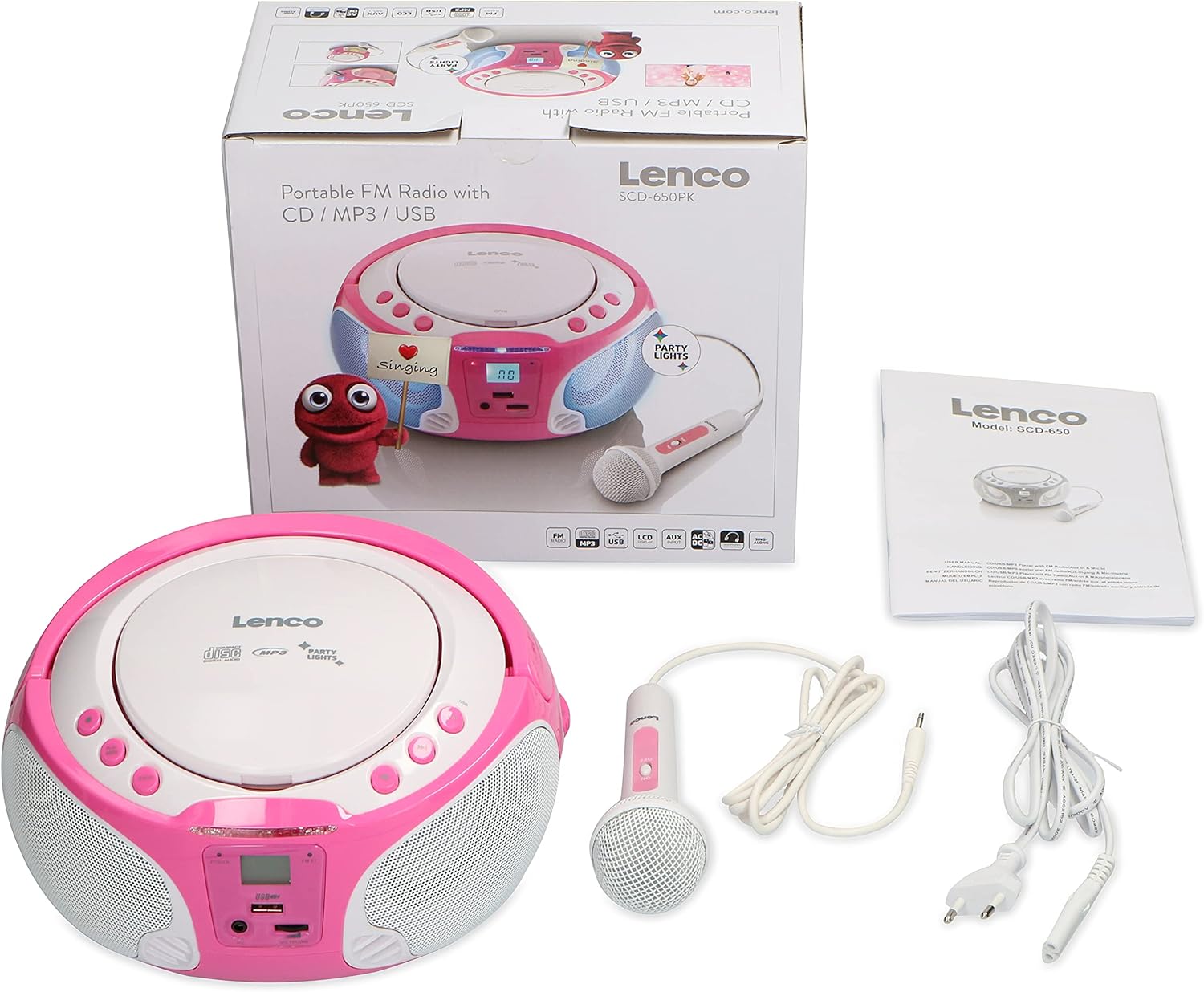 Lenco SCD-650PK - Draagbare radio CD speler met karaokemicrofoon en LED - Roze