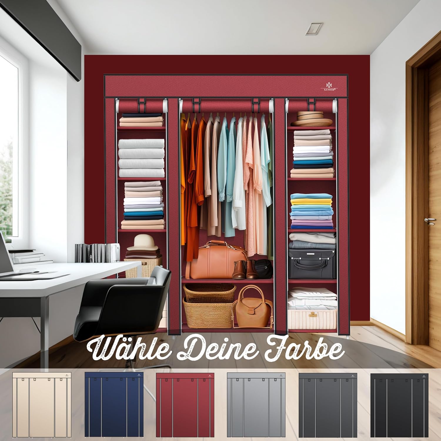 KESSER® Kledingkast stoffen kast stabiel met kledingstang en planken, incl. 5x kleerhangers, stoffen vouwkast voor slaapkamer, kleedkamer garderobe met kledingrek 150x45x175cm Bordeaux rood
