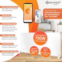 KESSER® Infraroodverwarming, energiebesparend, infrarood staand apparaat en wandmontage, elektrische verwarming, 700 W, met afstandsbediening, thermostaat en app-bediening, elektrisch