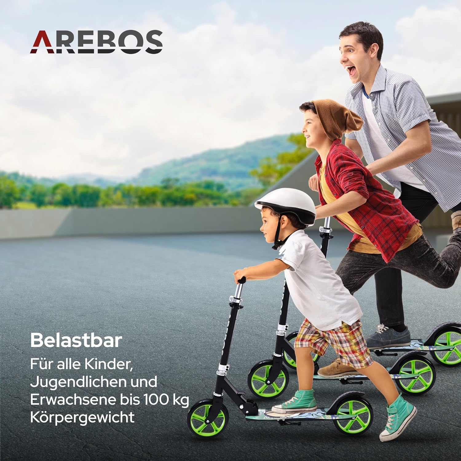 Arebos Cityroller groene scooter in hoogte verstelbaar | inklapbaar | incl. draagriem | XXL wielen | traprem | voor kinderen en volwassenen | tot 100 kg belastbaar | kickscooter | kickscooter