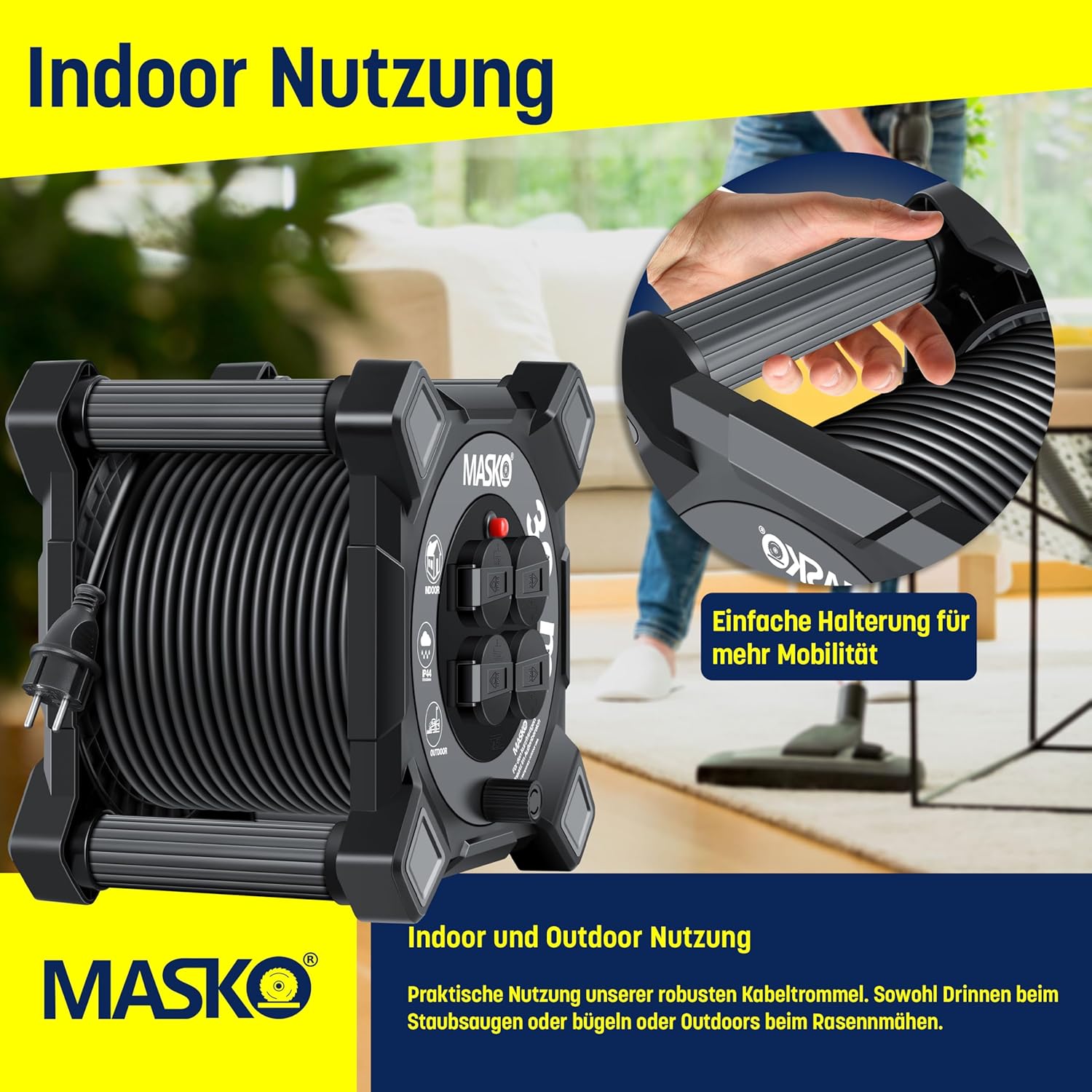 Masko® Kabelhaspel 20 m, verlengkabel met geaarde stopcontacten en wikkelgreep, outdoor kabelhaspel thermobescherming, apparaattrommel IP44, 1000 W ~ 3000 W, inclusief draaggreep en