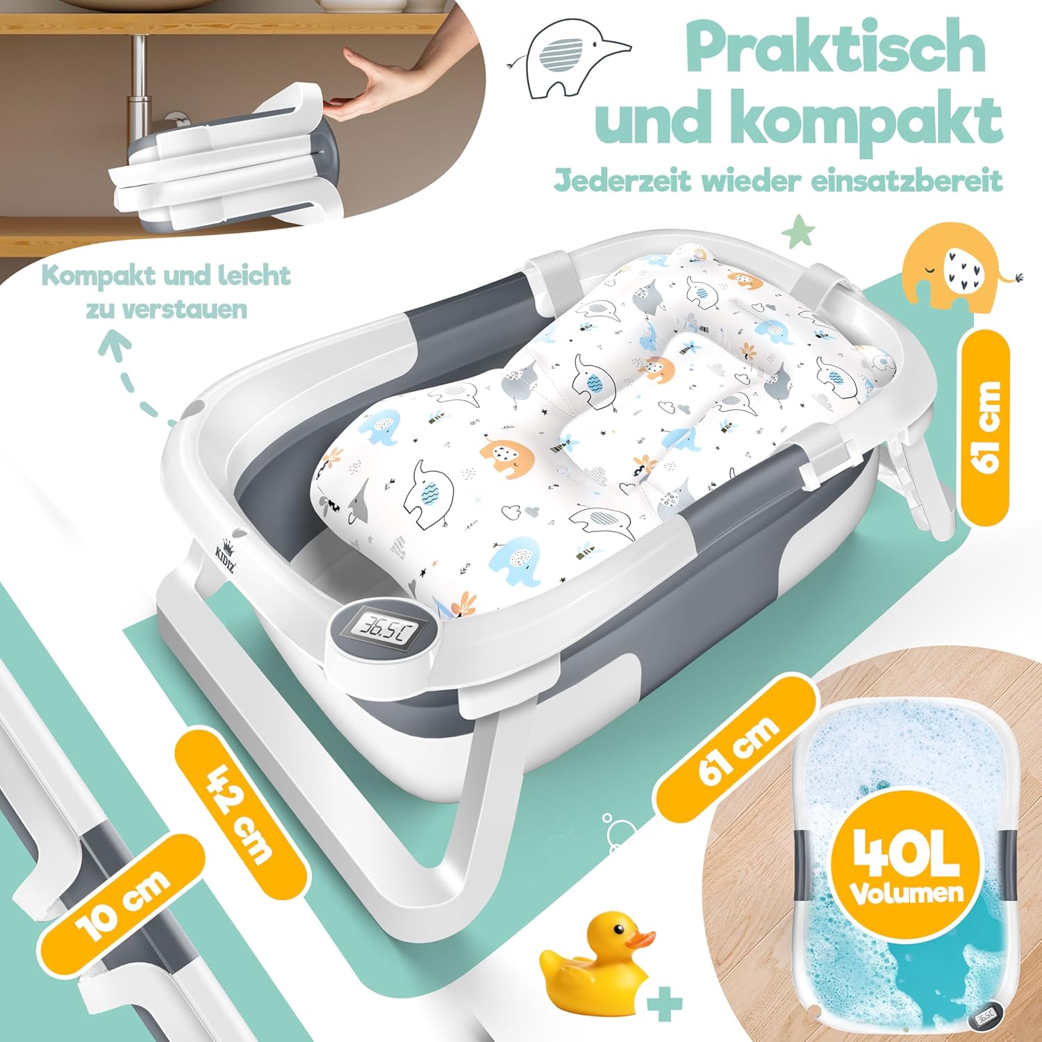 KIDIZ® Babybadje, ruimtebesparend en opvouwbaar, badje, douchebak voor pasgeborenen en peuters, 0-24 maanden, reisdouche, draagbaar, voor baby's, ergonomisch met thermostaat en kussen