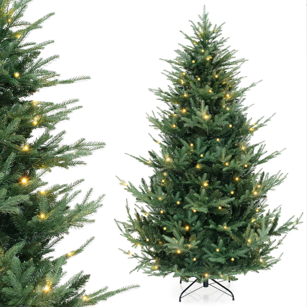 COSTWAY Kunstkerstboom met verlichting, 210 cm, dennenboom met 340 warmwitte ledlampen en 8 lichtmodi, kerstboom met scharnierstructuur, kunstboom voor thuis, groen