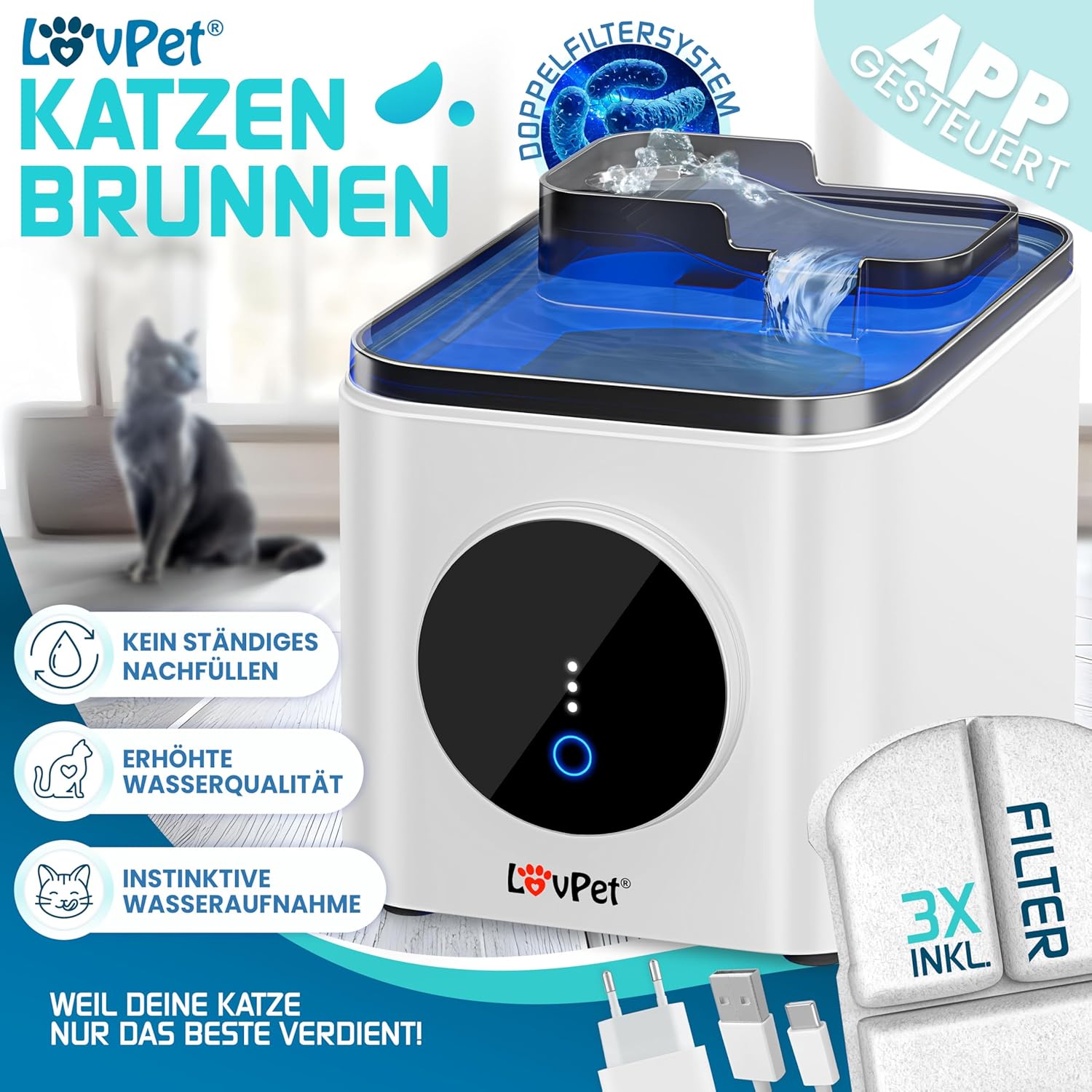 LOVPET® Kattenfontein -Drinkfontein voor katten - 3,5L - Wit
