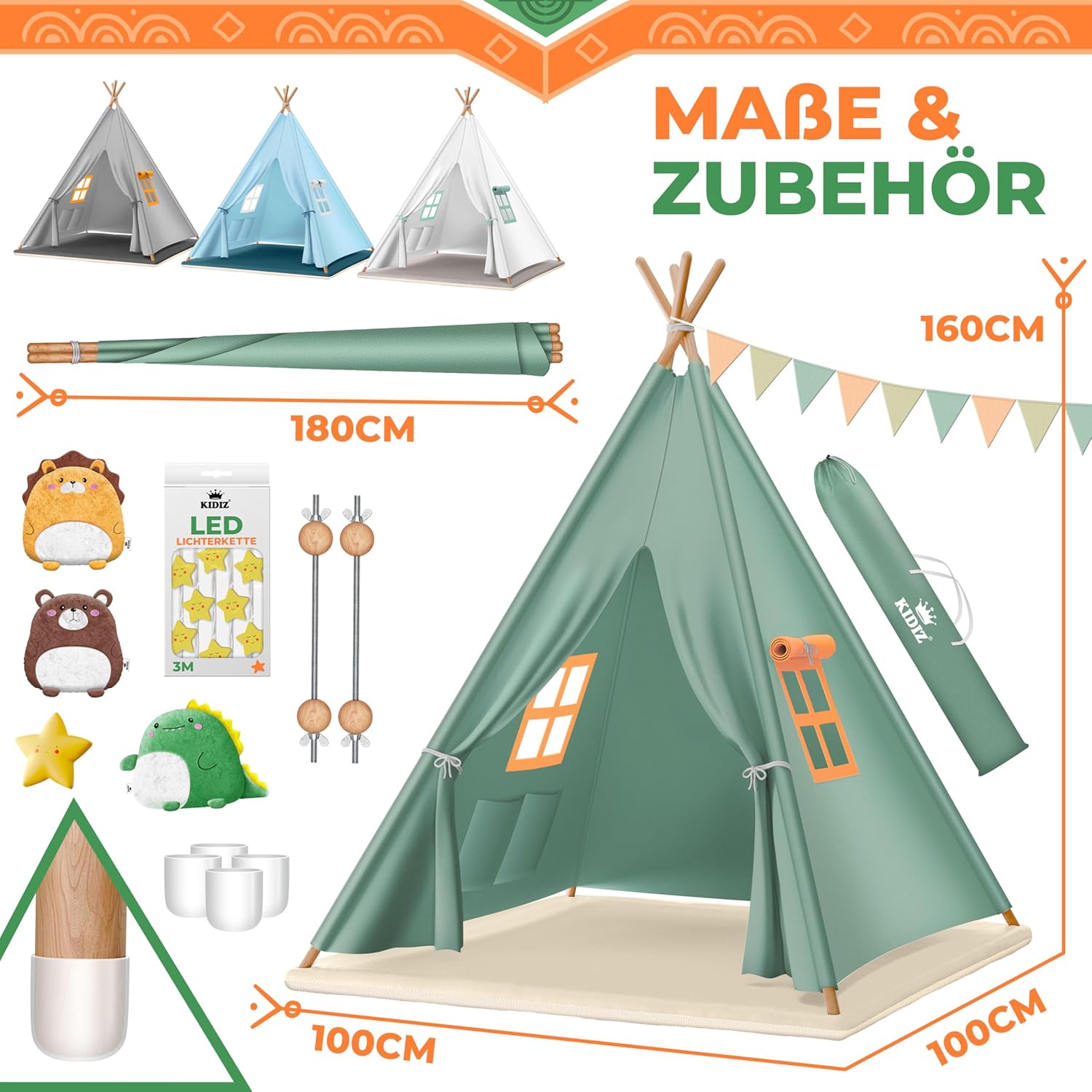 KIDIZ® Tipi tent voor kinderen - Speeltent - Wigwam - Groen