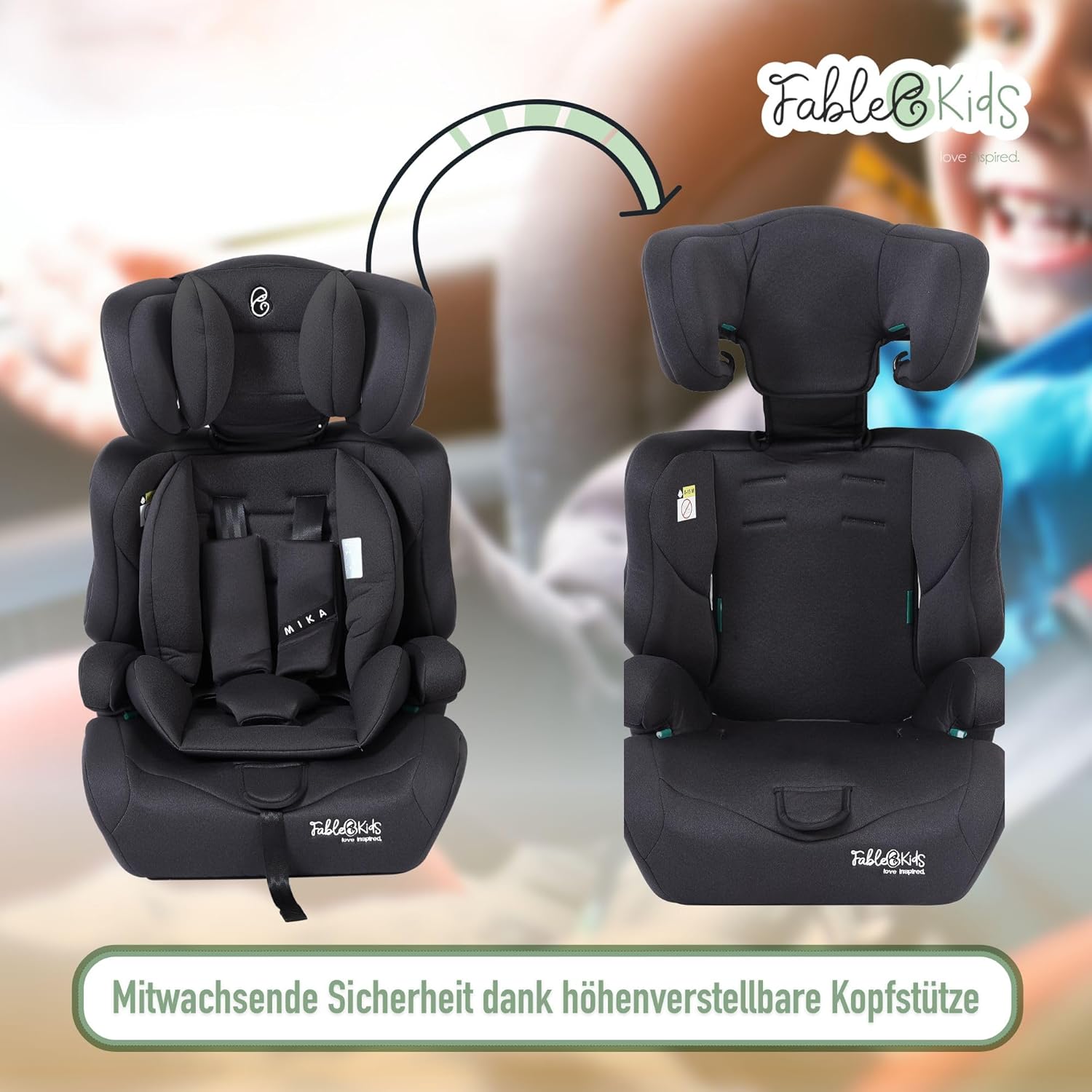 FableKids Kinderautostoel 9-36 kg, 3-punts veiligheidsgordel, autokinderzitje vanaf 15 m, autostoel voor kinderen 76-150 cm, kinderzitje, verstelbare hoofdsteun, ECE R129/03, verstelbaar, zwart