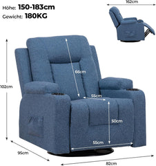 GTPLAYER Relaxstoel, televisiestoel met ligfunctie, 360° borstvoedingsstoel met schommelfunctie, tv-stoel woonkamer met bekerhouders en zijvak, leesstoel voor slaapkamer, stof, blauw
