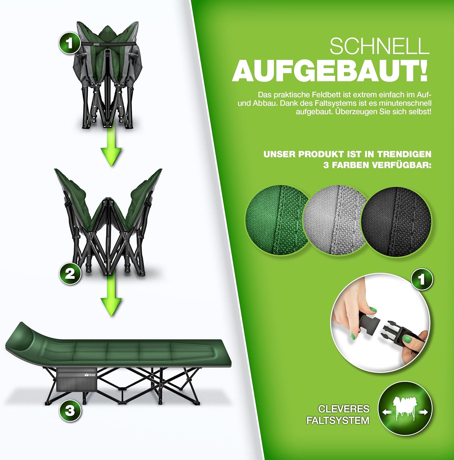 Veldbed - 1 Persoons - Kampeerbed - Stretcher - Groen - Tillvex®