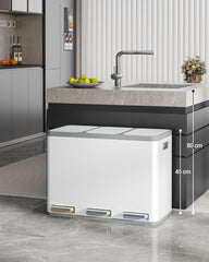 Hzuaneri Vuilnisemmer, afvalscheidingssysteem, 3 vakken, 45 l (3 x 15 l), roestvrij staal, pedaalemmer met kleurcoderbare pedalen, afvalemmer, rustige langzame afdaling, wit SW04599W
