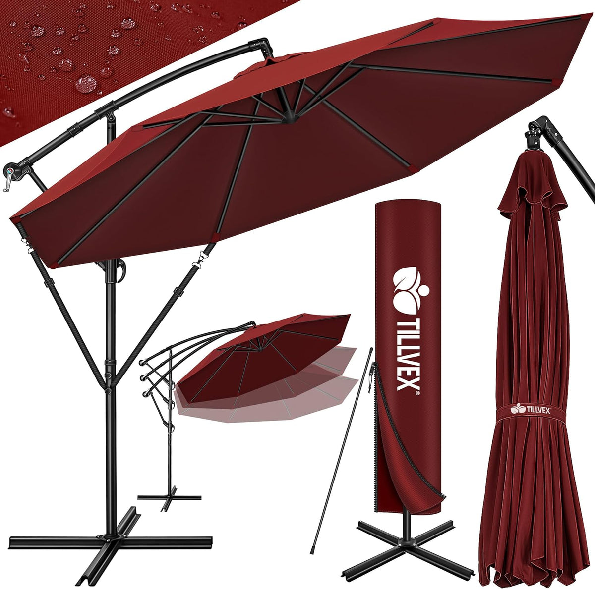 Tillvex® Parasol - Zweefparasol - Ø300cm - 360° Draaibaar - Rood