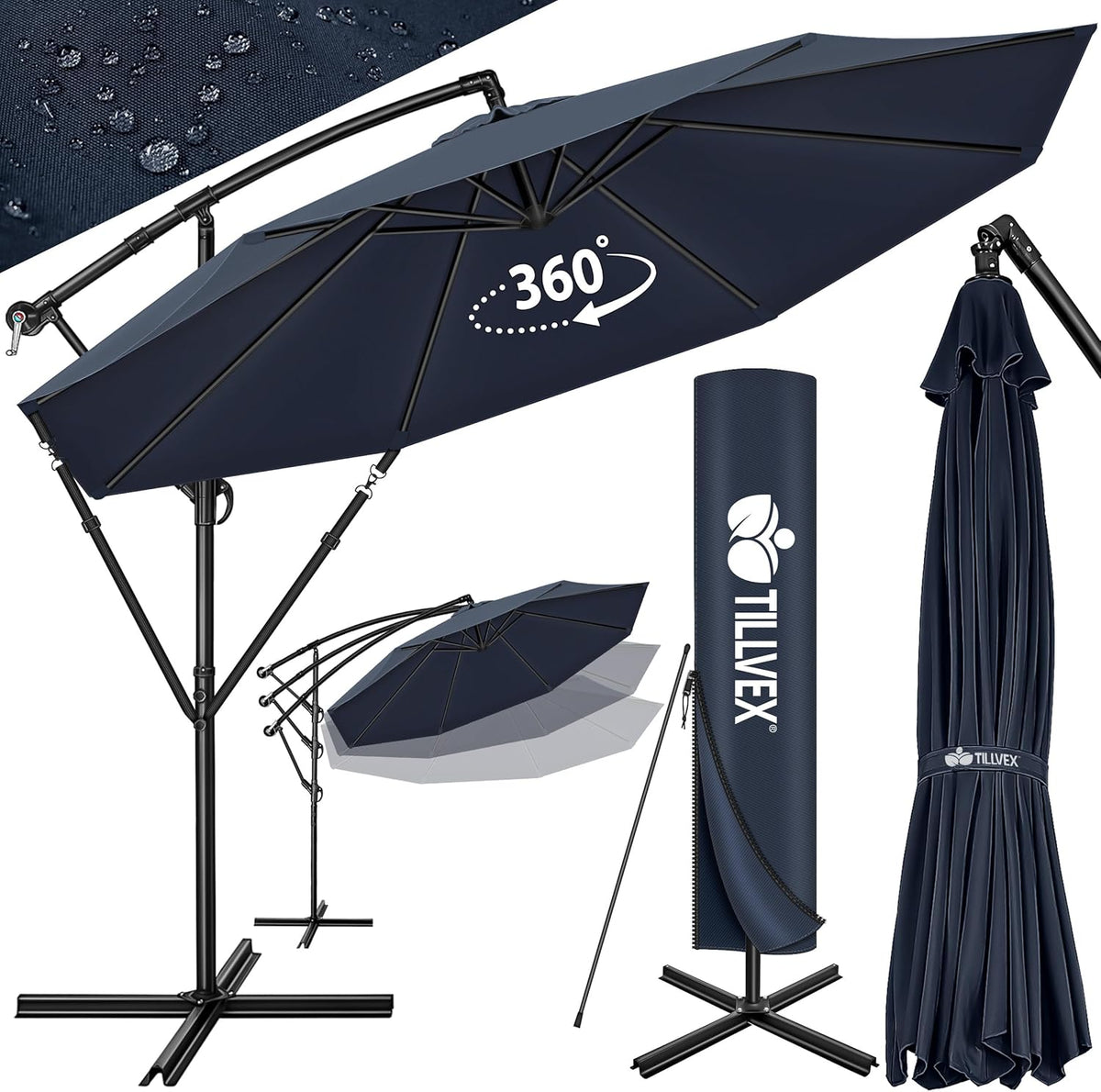Tillvex® Parasol - Zweefparasol - Ø350cm - 360° Draaibaar - Blauw